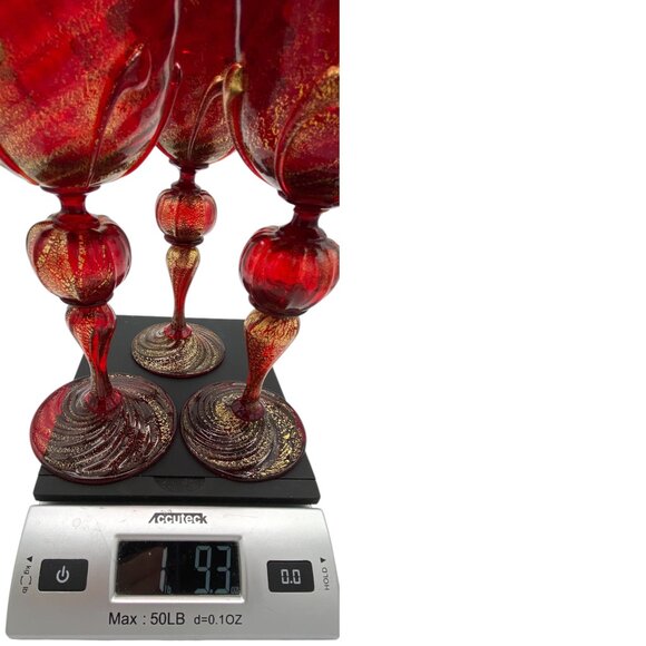 Venetian Vintage Murano Gold Infused Ruby Red Goblets Set of three - Picture 8 of 8